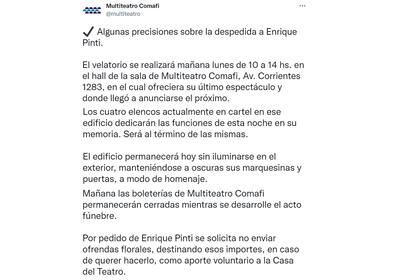 La aclaración del teatro sobre el velatorio de Enrique Pinti