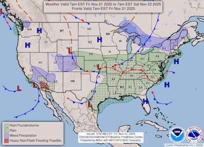 La actividad más marcada se concentrará sobre el sur de California y el Desierto del Sudoeste, donde el NWS anticipó un flujo activo de humedad que generará precipitaciones fuertes entre hoy y mañana