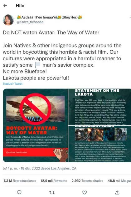 La activista indígena Yue Begay promovió el complot contra el filme Avatar, el camino del agua, por considerar que en ella hay apropiación cultural por parte del hombre blando de los pueblos nativos