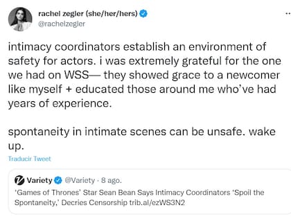 La actriz de 'West Side Story'  Rachel Zegler defendió la presencia de coordinadores de intimidad en los rodajes.