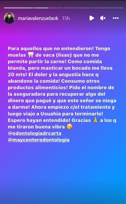 La actriz explicó que tiene "muelas de vaca" que le impiden ingerir alimentos sólidos