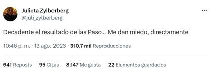 La actriz Julieta Zylberberg se pronunció tras el triunfo de Milei