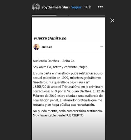 La actriz que denunció por violación a Juan Darthés publicó el descargo de Co en su cuenta de Instagram