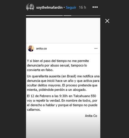 La actriz que denunció por violación a Juan Darthés publicó el descargo de Co en su cuenta de Instagram
