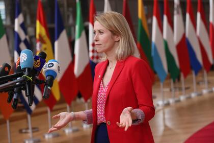 La actual jefa de la política exterior de la Unión Europea, Kaja Kallas, en rueda de prensa en el edificio del Consejo Europeo en Bruselas, el 23 de octubre