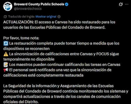 La actualización de las escuelas de Broward en redes sociales