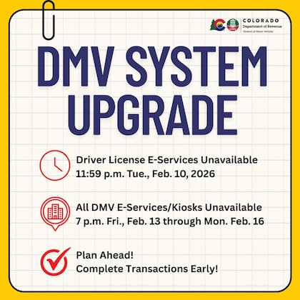 La actualización del sistema web del DMV de Colorado hará que se suspendan algunos servicios en febrero de 2026 (Facebook/Colorado Division of Motor Vehicles)