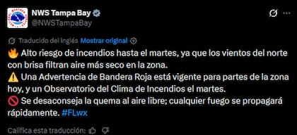 La advertencia de incendios publicada por el NWS en X