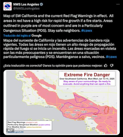 La advertencia del Servicio Meteorológico Nacional para Los Ángeles sobre la situación "particularmente peligrosa"