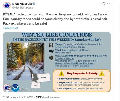 La advertencia por frío invernal en las zonas montañosas de Montana del NWS rige del sábado al domingo