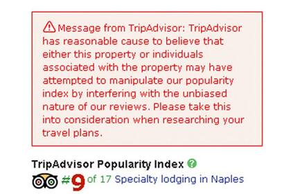 La advertencia que incorporó TripAdvisor en aquellas reseñas sospechosas
