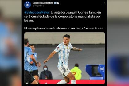 La AFA anunció que Tucu Correa se quedaba sin Mundial por una lesión (Foto: Twitter)