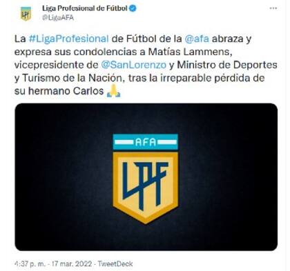 La AFA publicó sus condolencias