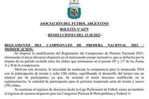 La AFA y la notificación de la eliminación del tercer descenso de la Primera Nacional 2023