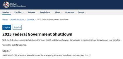 La agencia comunicó que el único programa afectado por el cierre de gobierno será el SNAP (Texas Health and Human Services)