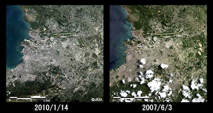 La Agencia de Exploración Aeroespacial de Japón muestra fotos tomadas desde su satélite. Son de antes y después del paso del terremoto por Puerto Príncipe
