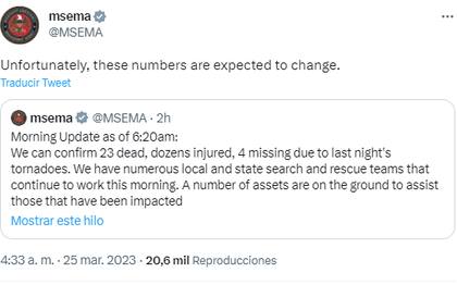 La Agencia de Manejo de Emergencias de Mississippi (Msema) explicó que, a medida que pasan las horas, crece el número de víctimas fatales