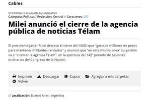 Así informó Télam su cierre dispuesto por Milei: el mensaje sobre el final de la agencia pública de noticias