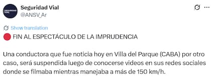 La Agencia Nacional de Seguridad Vial (ANSV) le suspendió la Licencia de Conducirla joven (X: @ANSV_Ar)