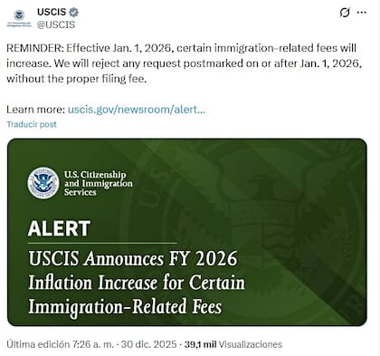 La agencia recordó que este 1° de enero de 2026 entrará en vigor un aumento de tarifas para ciertos trámites