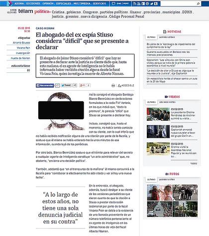 La agencia Télam había publicado una foto del rostro completo de Stiusso; en esta captura de pantalla, la marca negra es de LA NACION