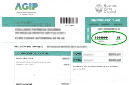 El número de partida y el dígito verificador aparecen en las boletas del impuesto inmobiliario emitidas por AGIP