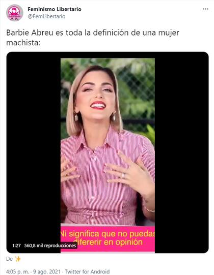 La agrupación Feminismo libertario apuntó contra Barbie Abreu por sus consejos para "ser una buena esposa"