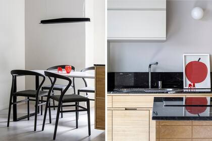 La alacena que abraza a la columna contiene el microondas para no dejar electrodomésticos a la vista. La lámpara sobre la mesa es del comedor es de Mínimo Design y las sillas de Manifesto. Cuadro y silla en miniatura (Red Sur Design). .