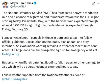 La alcaldesa Bass pidió a los angelinos mantenerse informados y obedecer a los avisos oficiales