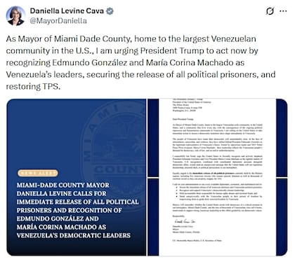 La alcaldesa Daniella Levine Cava llama al presidente Trump a apoyar la transición democrática en Venezuela