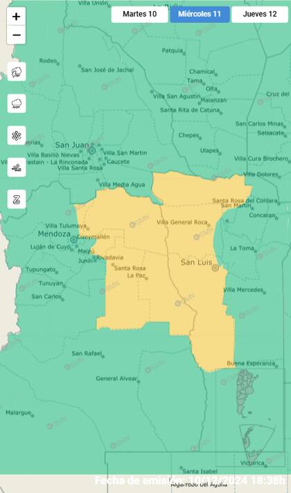 La alerta amarilla para la provincia de Mendoza y San Luis