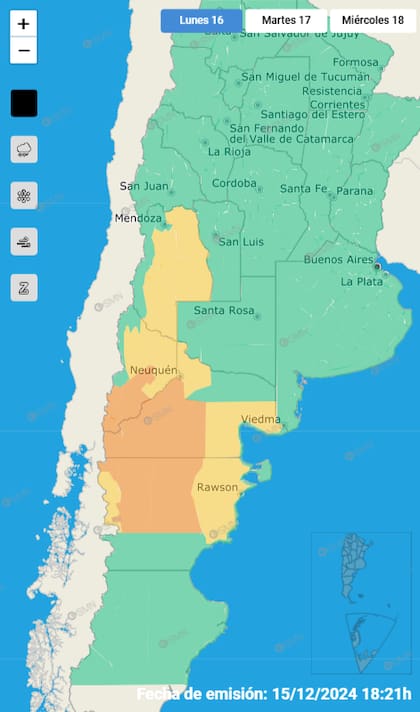 La alerta amarilla y naranja del Servicio Meteorológico Nacional para este lunes 16 de diciembre