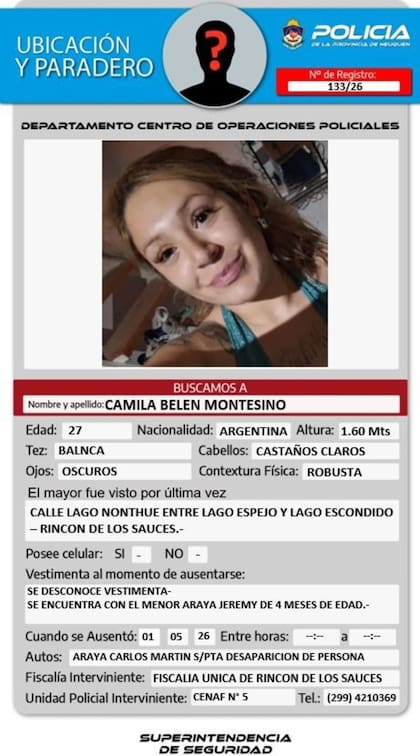 La alerta Nati que se emitió por la desaparición de Camila Belén Montesino