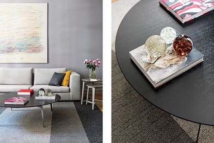 La alfombra en escala de grises (Habito) ofrece la posibilidad de jugar con su forma y disposición, ya que está compuesta por módulos intercambiables de 40x40cm.