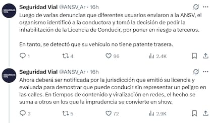 La ANSV informó a través de X que, tras varias denuncias, se detectó que el vehículo de la joven no tenía patente trasera (X: @ANSV_Ar)