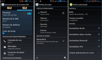 La aplicación para configurar las tarjetas SIM, los modos de audio y el ahorro de batería