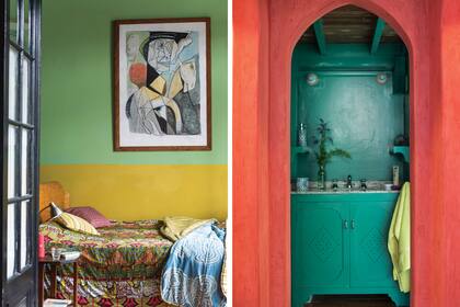 La arcada del toilette en punta la hizo ella misma con los albañiles, dibujándola en cartón primero. La pintura de la pared la hizo con yeso al que le aplicó pigmento.