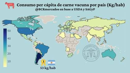 La Argentina es el país donde más se consume carne bovina por habitante
