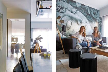 La arquitecta Gisela Literas (izq.) y Connie Alonso en el sillón de dos cuerpos de cuero ecológico con almohadones en tussor (Missha Deco) y manta artesanal de hilo de algodón (Mapuche Hecho a Mano).