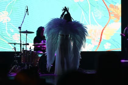La artista lució un traje con alas de plumas
