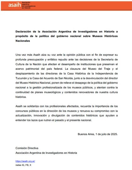 La AsAIH repudió la medida de la Secretaría de Cultura de la Nación
