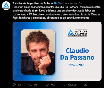 La Asociación Argentina de Actores comunicó el fallecimiento de Claudio Da Passano (Foto: Twitter @actoresprensa)