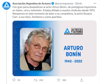 La Asociación Argentina de Actores lamentó la muerte de Bonín (Foto: Captura Twitter)