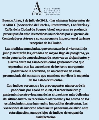 La Asociación de Hoteles, Restaurantes, Confiterías y Cafés de la Ciudad de Buenos Aires criticó el paro de los controladores aéreos