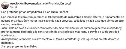 La Asociación Iberoamericana de Financiación Local (Aifil) despidió en su perfil de Facebook a Juan Pablo Jiménez