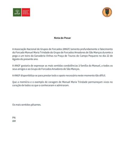 La Asociación Nacional de Grupos de Forcados (ANGF) lamentó profundamente la muerte de Manuel Maria Trindade (Fuente: Instagram @forcado_oficial)