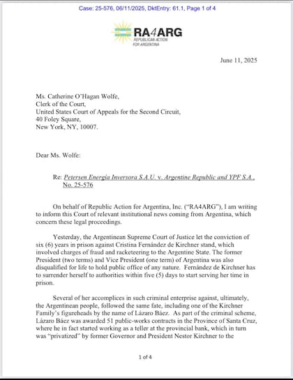 La asociación Republican Action for Argentina denunció ante la jueza de la Cámara de Apelaciones del Segundo Circuito de Nueva York la relación entre Cristina Kirchner y la familia Eskenazi