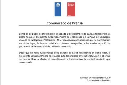El comunicado de prensa que explica que Piñera se autodenunciará por no llevar barbijo