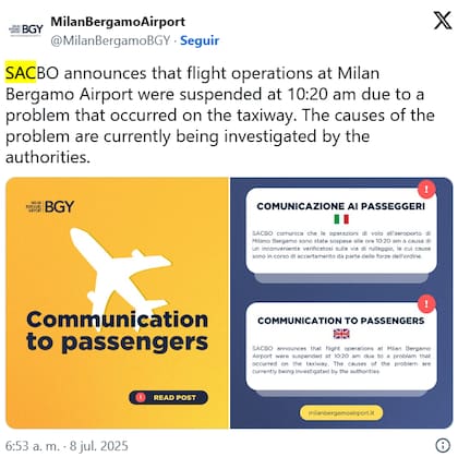 La autoridad del Aeropuerto de Bérgamo-Orio informó que todos los vuelos fueron suspendidos