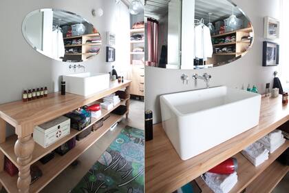 La bacha de estilo antiguo se apoya sobre el mueble abierto con patas torneadas y estante en madera paraíso macizo hidrolaqueado.